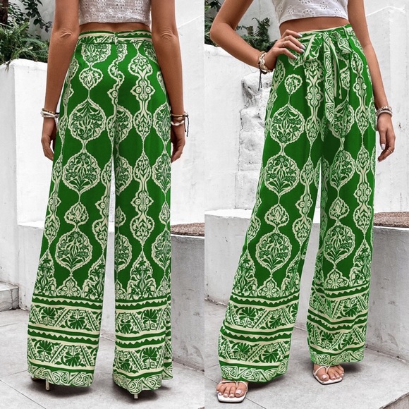 🌿 BOHO TALL GREEN HIGH WAIST WIDE LEG BELTED PANTS! - Picture 2 of 7